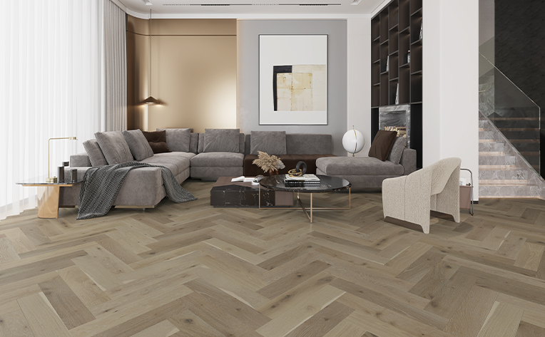 herringbone flooring in living room area