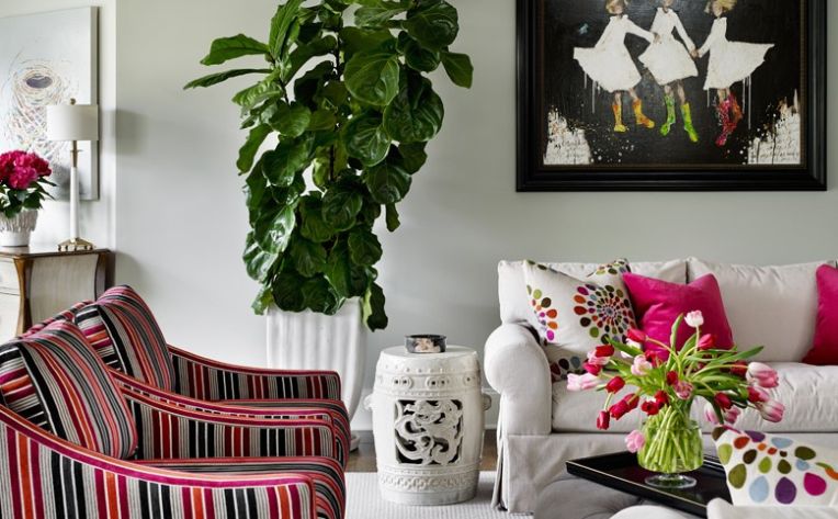 Pink accented living room with striped arm chairs
